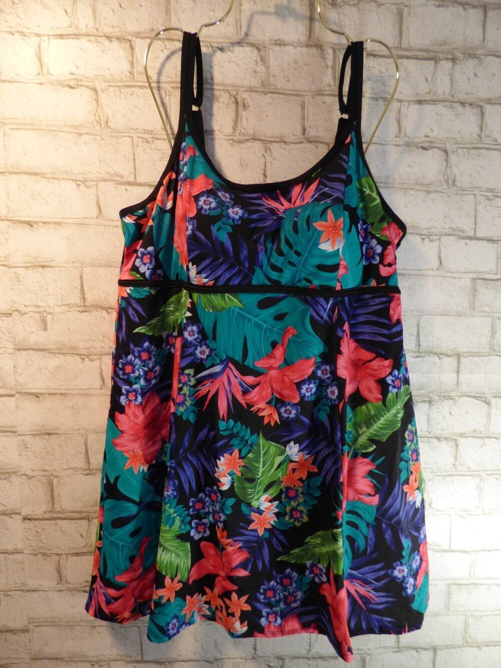 Swim365 One Piece Empire Waist Black Tropical Swim Dress Size 20 NEW